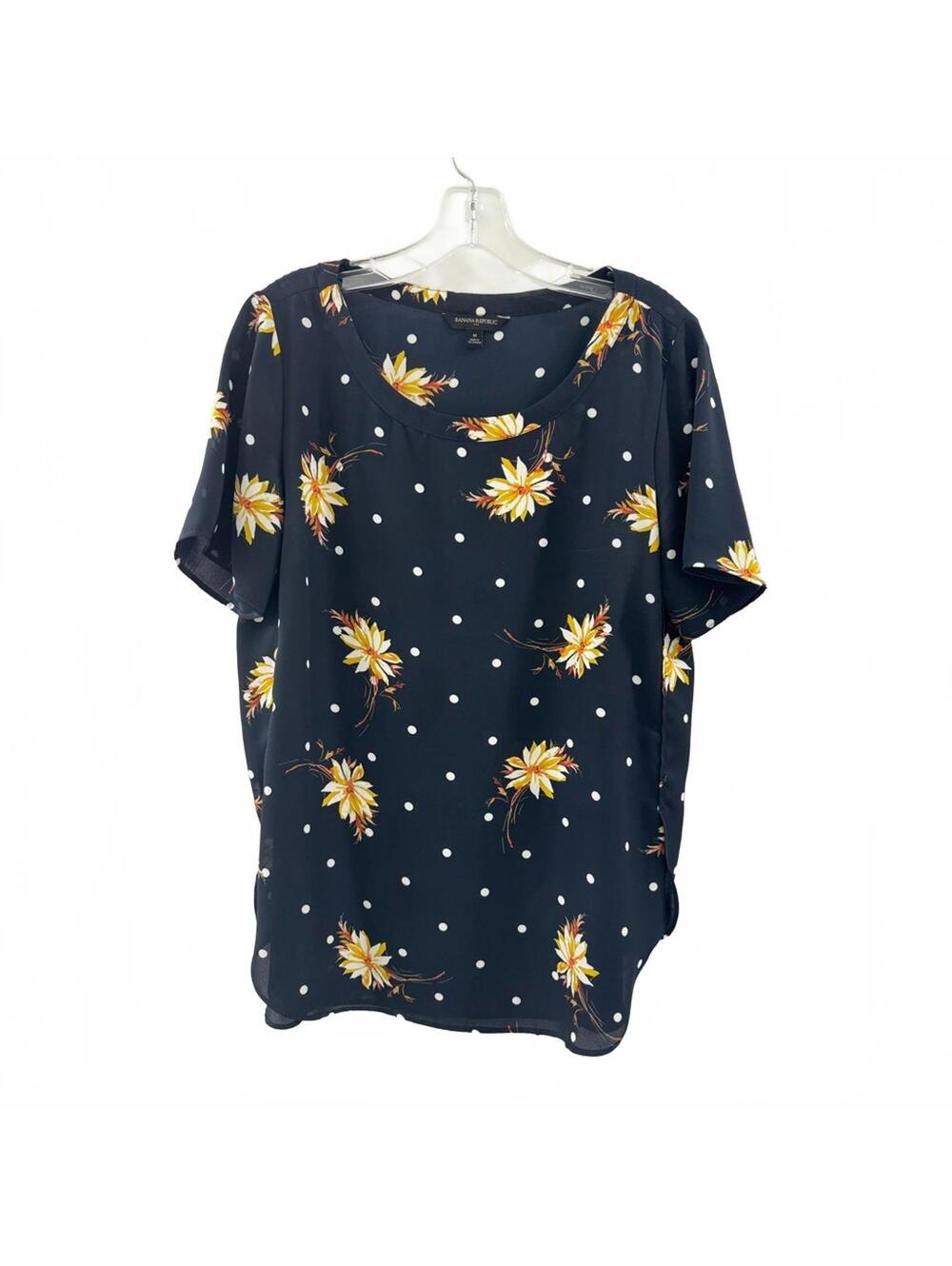 Banana Republic Navy Floral White Dot Print Crew Neck Blouse Top Size Medium